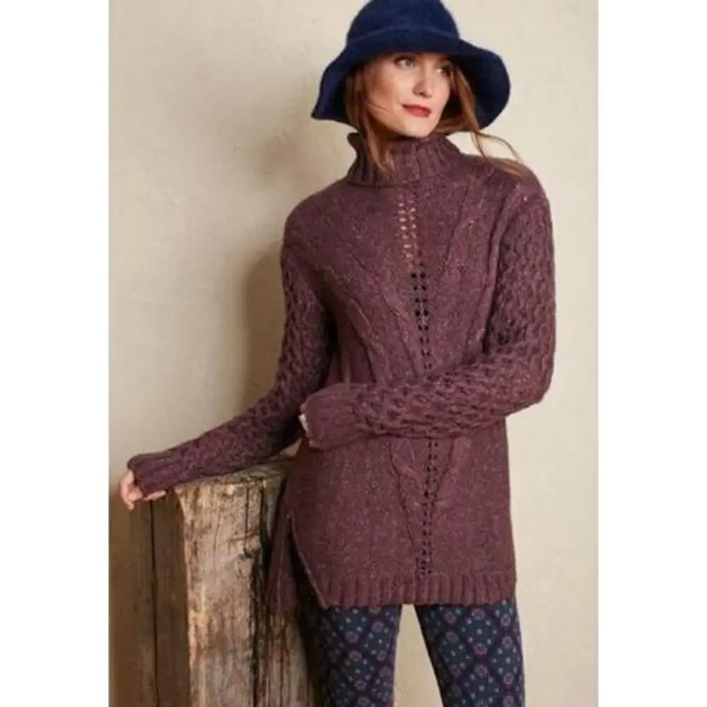 Matilda Jane Women's Dixie Speckle Cable Knit Turtleneck Purple Sweater Size S
